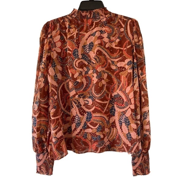 A.L.C. Silk Chiffon Metallic Thread Keyhole blouse High Neck Botanical Print - Picture 10 of 11